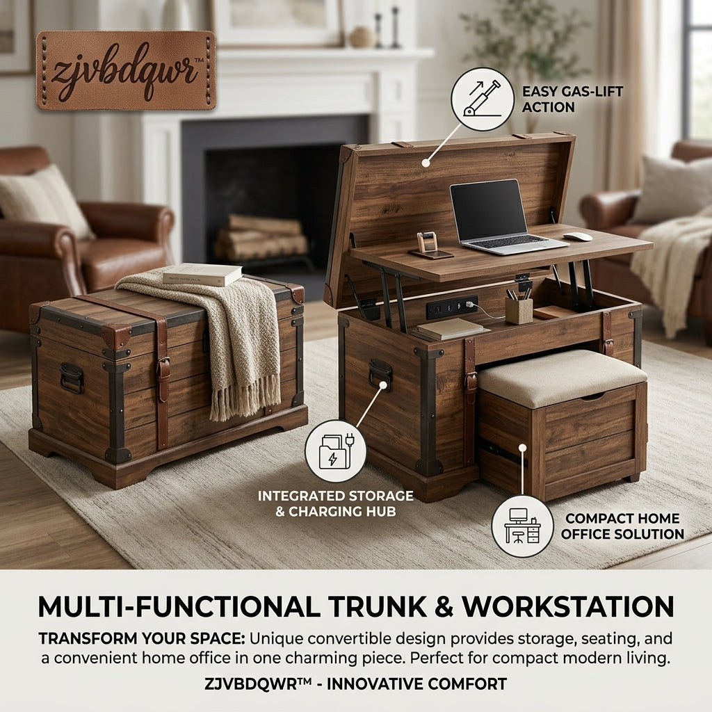 zjvbdqwr™ Multi-Functional Lift Top Coffee Table Trunk with Built-in Charging Station, Convertible Home Office Workstation Desk with Nested Storage Ottoman, Space-Saving Rustic Wood Storage Chest for Living Room