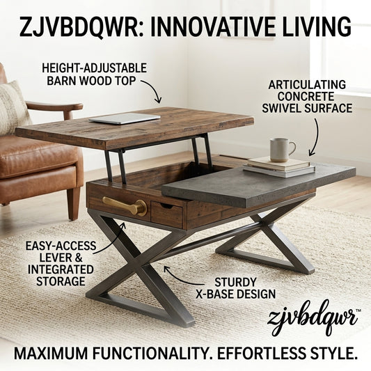 ZJVBDQWR™ Multifunctional Lift Top Coffee Table with Articulating Concrete Swivel Surface, Height-Adjustable Barn Wood Center Table with Integrated Storage Drawer and Sturdy Metal X-Base for Living Room
