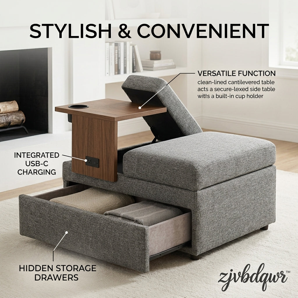 zjvbdqwr™ Multifunctional Storage Ottoman with Cantilevered Side Table, Integrated USB-C Charging Station & AC Outlet, Hidden Pull-Out Storage Drawer, Fabric Convertible Accent Chair Footstool with Cup Holder for Living Room & Small Spaces