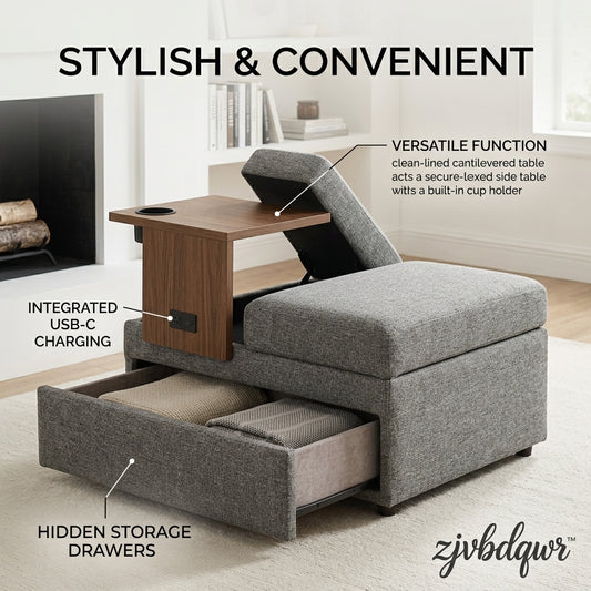 zjvbdqwr™ Multifunctional Storage Ottoman with Cantilevered Side Table, Integrated USB-C Charging Station & AC Outlet, Hidden Pull-Out Storage Drawer, Fabric Convertible Accent Chair Footstool with Cup Holder for Living Room & Small Spaces