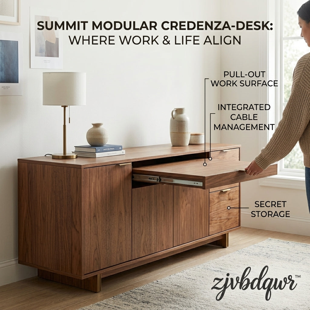 zjvbdqwr™ Summit Modular Credenza-Desk - Premium Wood Sideboard with Pull-Out Work Surface, Integrated Cable Management, Hidden Office Workstation & Secret Storage Cabinet